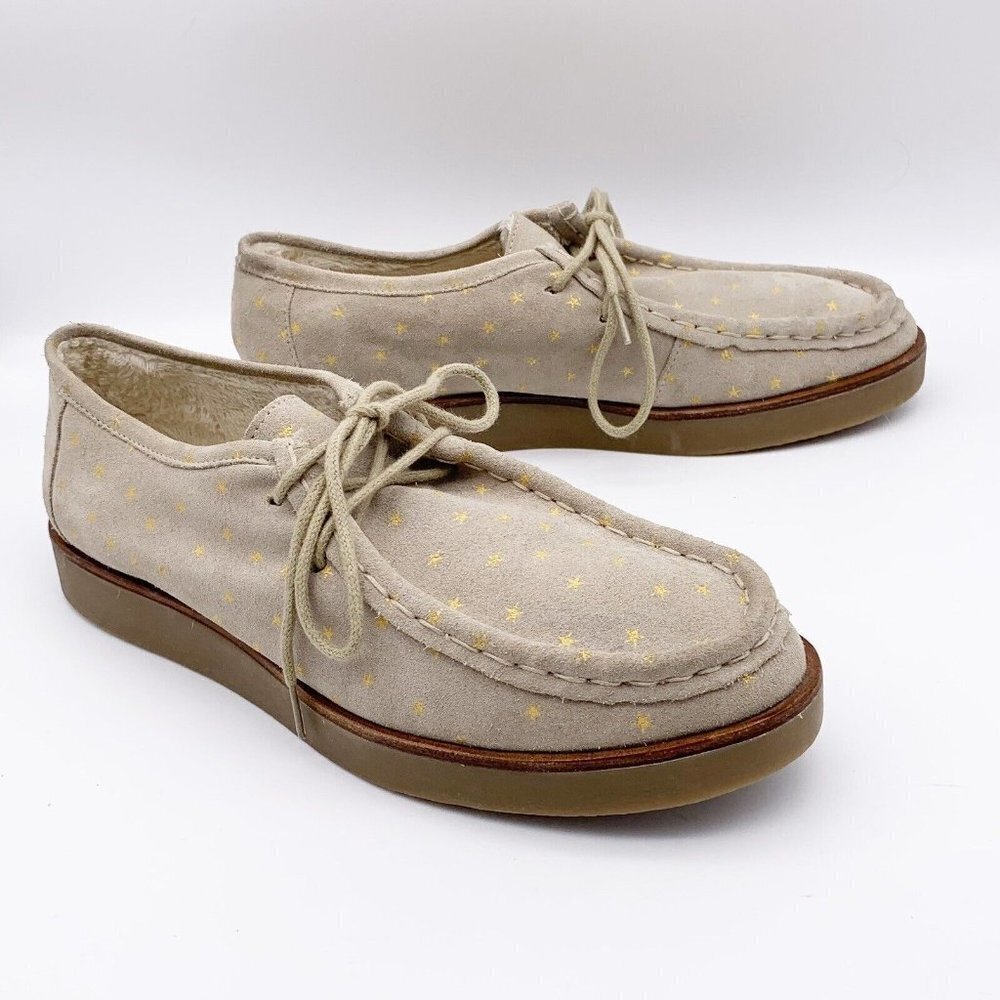 THE GREAT Scout Platform Loafers Taupe Star Print Shearling Lined Suede 10.5